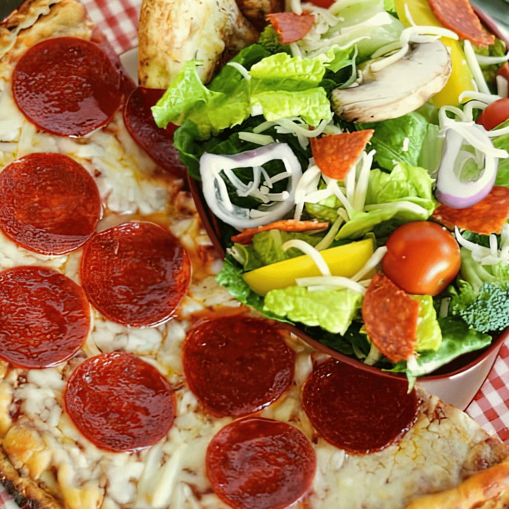 Wood fired pizza and garden salad